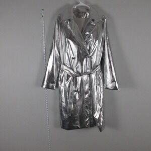 Masseys Trench Coat Womens 1X Silver Metallic Belted Faux Leather Long Collared